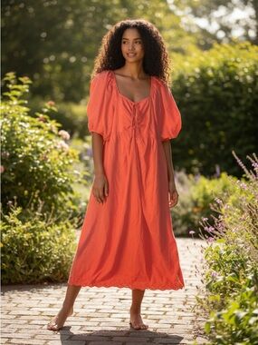 Chic Orange Maxi Dress with Puff Sleeves